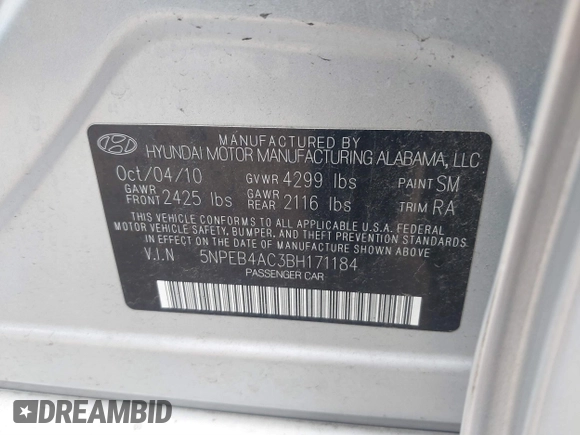 2011 Hyundai Sonata GLS with VIN 5NPEB4AC3BH171184, listed as a IAAI auction lot 41903642 with 118,984 mi miles and . Bid and sale history available at carsss.com. Image 9.