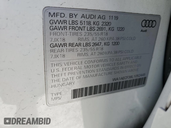 2020 Audi Q3 Premium with VIN WA1AECF38L1052445, listed as a Copart auction lot 51670093 with 61,245 mi miles. Bid and sale history available at carsss.com. Image 13.