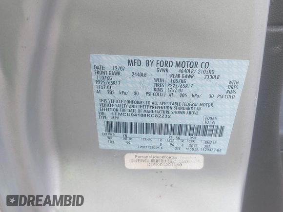 2008 Ford Escape Limited with VIN 1FMCU94188KC82232, listed as a IAAI auction lot 42489478 with 118,460 mi miles and . Bid and sale history available at DreamBid. Image 9.