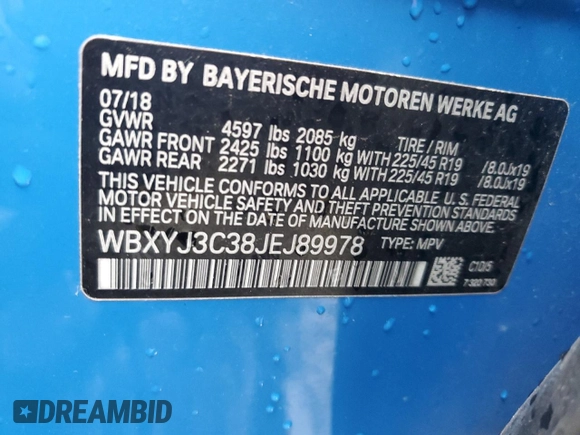 2018 BMW X2 sDrive28i with VIN WBXYJ3C38JEJ89978, listed as a Copart auction lot 36123243 with 34,526 mi miles. Bid and sale history available at carsss.com. Image 12.