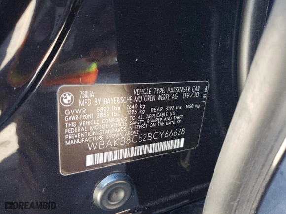 2011 BMW 7 Series 750Li with VIN WBAKB8C52BCY66628, listed as a Copart auction lot 77191054 with 39,503 mi miles and Salvage Title. Bid and sale history available at carsss.com. Image 12.