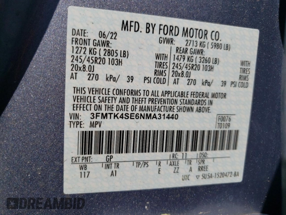 2022 Ford Mustang Mach-E GT with VIN 3FMTK4SE6NMA31440, listed as a Copart auction lot 55771295 with 29,176 mi miles and Salvage title. Bid and sale history available at DreamBid. Image 13.