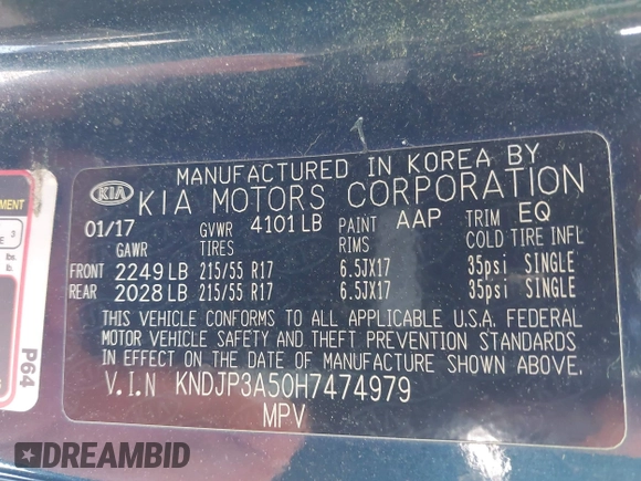 2017 Kia Soul + with VIN KNDJP3A50H7474979, listed as a IAAI auction lot 42167197 with 208,621 mi miles and . Bid and sale history available at DreamBid. Image 9.