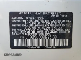 2016 Subaru Crosstrek Touring with VIN JF2GPBLC0GH273139, listed as a Copart auction lot 48599925 with 59,107 mi miles and Clean title. Bid and sale history available at DreamBid. Image 13.