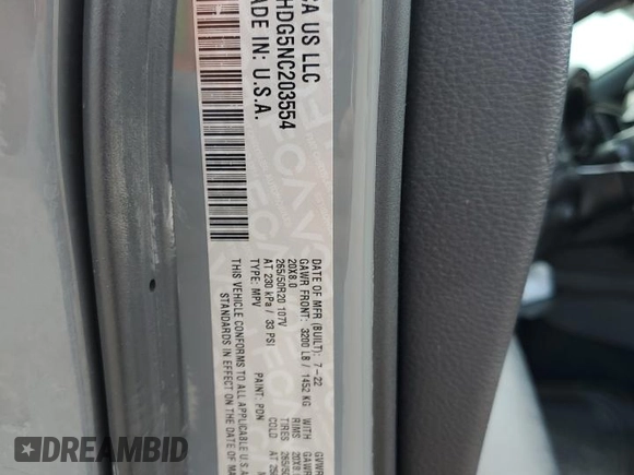 2022 Dodge Durango GT Plus with VIN 1C4RDHDG5NC203554, listed as a Copart auction lot 57697905 with 36,482 mi miles and Salvage title. Bid and sale history available at DreamBid. Image 14.