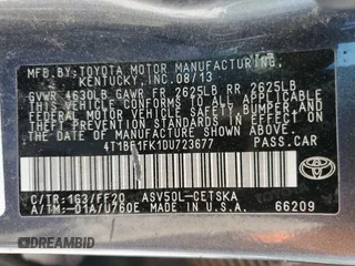 2013 Toyota Camry L with VIN 4T1BF1FK1DU723677, listed as a Copart auction lot 52032895 with 204,306 mi miles and Salvage Title. Bid and sale history available at carsss.com. Image 12.