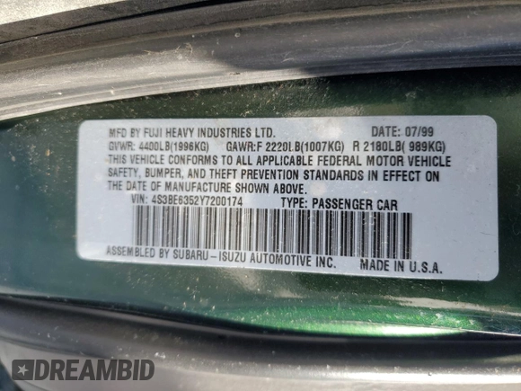 2000 Subaru Legacy L with VIN 4S3BE6352Y7200174, listed as a Copart auction lot 41688515 with 101,766 mi miles and Salvage title. Bid and sale history available at DreamBid. Image 12.