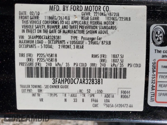 2010 Ford Fusion SPORT with VIN 3FAHP0DC7AR328381, listed as a Copart auction lot 42905805 with 117,924 mi miles and Salvage Title. Bid and sale history available at carsss.com. Image 15.