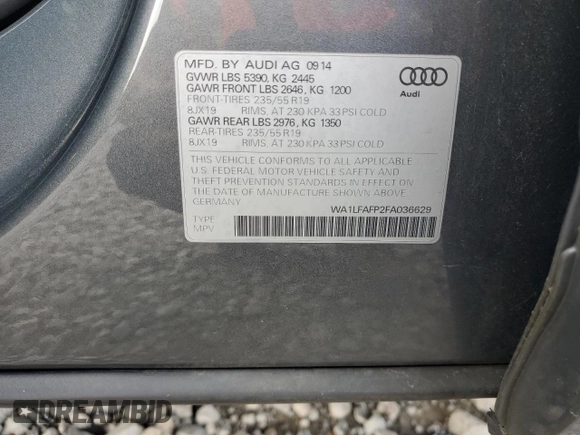 2015 Audi Q5 Premium Plus with VIN WA1LFAFP2FA036629, listed as a Copart auction lot 60836255 with 105,753 mi miles and Salvage title. Bid and sale history available at DreamBid. Image 14.