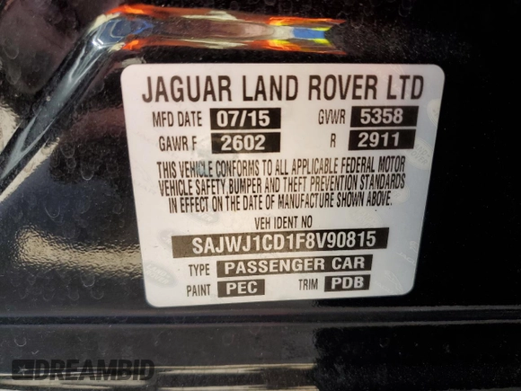 2015 Jaguar XJ with VIN SAJWJ1CD1F8V90815, listed as a Copart auction lot 77977464 with Not provided miles and Salvage title. Bid and sale history available at DreamBid. Image 12.