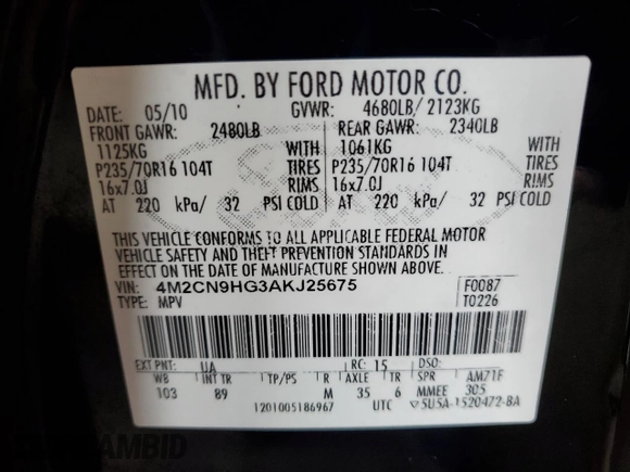 2010 Mercury Mariner Premier with VIN 4M2CN9HG3AKJ25675, listed as a Copart auction lot 64546635 with 99,620 mi miles and Salvage title. Bid and sale history available at DreamBid. Image 14.
