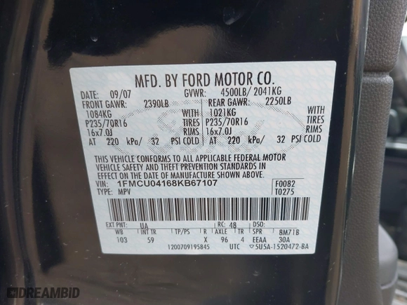 2008 Ford Escape Limited with VIN 1FMCU04168KB67107, listed as a IAAI auction lot 41743038 with 236,171 mi miles. Bid and sale history available at carsss.com. Image 9.