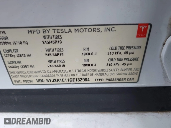 2016 Tesla Model S 70 with VIN 5YJSA1E11GF132984, listed as a IAAI auction lot 42428634 with Not provided miles and . Bid and sale history available at DreamBid. Image 9.
