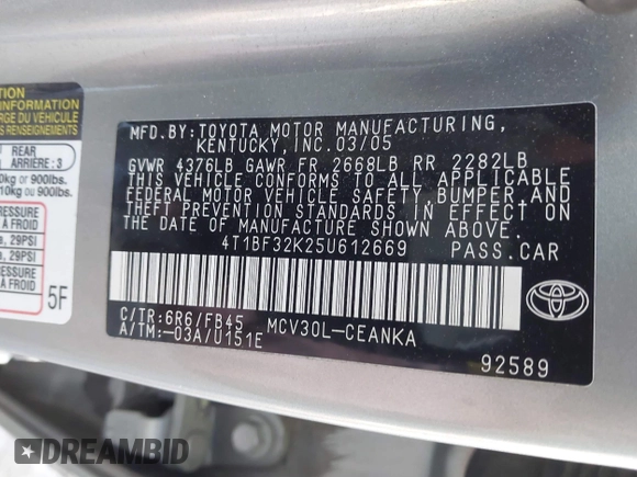 2005 Toyota Camry LE with VIN 4T1BF32K25U612669, listed as a IAAI auction lot 41987399 with 315,639 mi miles and . Bid and sale history available at DreamBid. Image 9.