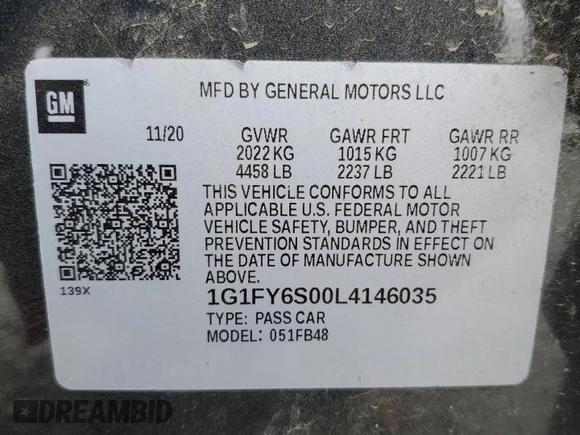 2020 Chevrolet Bolt EV LT with VIN 1G1FY6S00L4146035, listed as a Copart auction lot 58869365 with 102,370 mi miles and Salvage title. Bid and sale history available at DreamBid. Image 12.