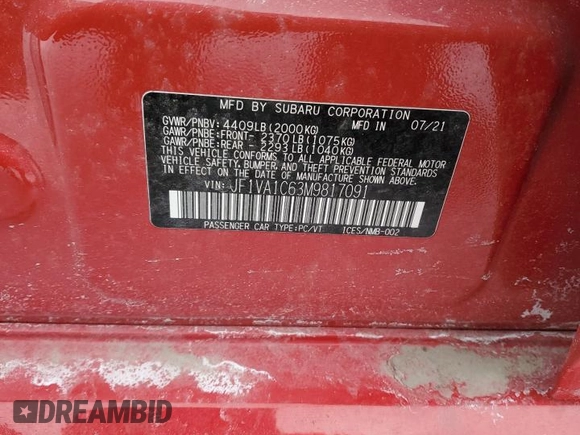 2021 Subaru WRX Premium z VIN JF1VA1C63M9817091, wystawiony jako Copart lot #45884975 z przebiegiem 45 613 mil mil oraz Tytuł czysty. Historia ofert i sprzedaży dostępna na DreamBid. Obrazek 14.