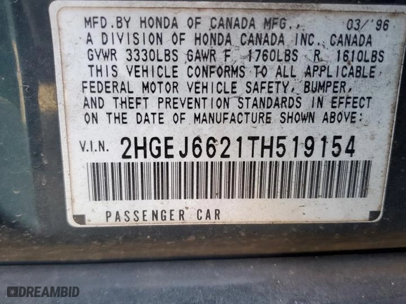 1996 Honda Civic DX with VIN 2HGEJ6621TH519154, listed as a Copart auction lot 74408604 with 91,443 mi miles and Salvage Title. Bid and sale history available at carsss.com. Image 14.