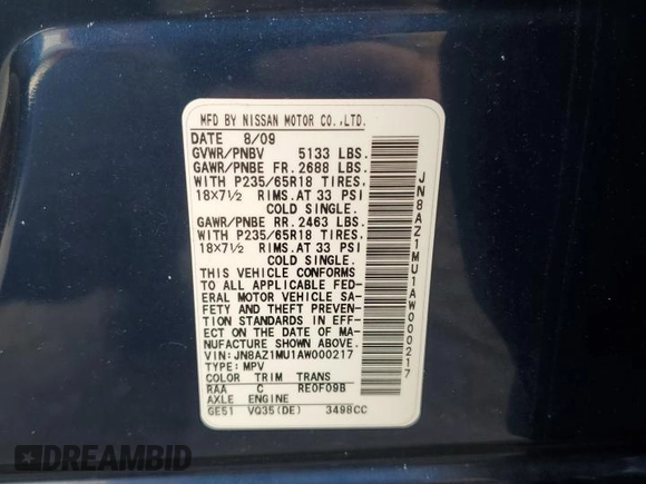 2010 Nissan Murano S with VIN JN8AZ1MU1AW000217, listed as a Copart auction lot 73168594 with 156,643 mi miles and Salvage Title. Bid and sale history available at carsss.com. Image 13.