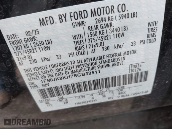 2025 Ford Explorer ST-Line with VIN 1FMUK8KH7SGB38511, listed as a IAAI auction lot 42846565 with 11,936 mi miles and . Bid and sale history available at DreamBid. Image 9.