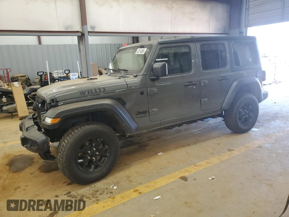 2021 Jeep Wrangler Unlimited Willys with VIN 1C4HJXDM2MW584118, listed as a Copart auction lot 43214885 with 67,955 mi miles and Salvage title. Bid and sale history available at DreamBid. Image 1.