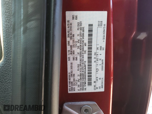 2019 Ford Escape SE with VIN 1FMCU0GD3KUA49713, listed as a Copart auction lot 50428255 with 123,330 mi miles and Salvage Title. Bid and sale history available at carsss.com. Image 14.