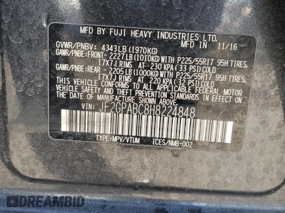 2017 Subaru Crosstrek Premium with VIN JF2GPABC8H8224848, listed as a Copart auction lot 49519295 with 89,517 mi miles and Salvage title. Bid and sale history available at DreamBid. Image 15.