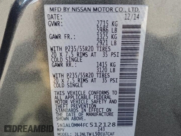 2015 Infiniti QX60 with VIN 5N1AL0MM4FC512128, listed as a Copart auction lot 57683725 with 148,406 mi miles and Salvage title. Bid and sale history available at DreamBid. Image 13.