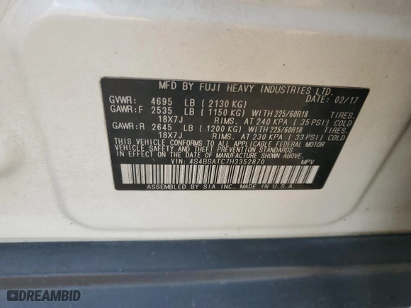 2017 Subaru Outback Touring with VIN 4S4BSATC7H3352870, listed as a Copart auction lot 44133425 with 120,873 mi miles and Salvage Title. Bid and sale history available at carsss.com. Image 14.