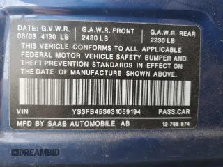 2003 Saab 9-3 Linear z VIN YS3FB45S631059194, wystawiony jako Copart lot #85081184 z przebiegiem 166 623 mil mil oraz Szkoda całkowita • Salvage title. Historia ofert i sprzedaży dostępna na DreamBid. Obrazek 13.