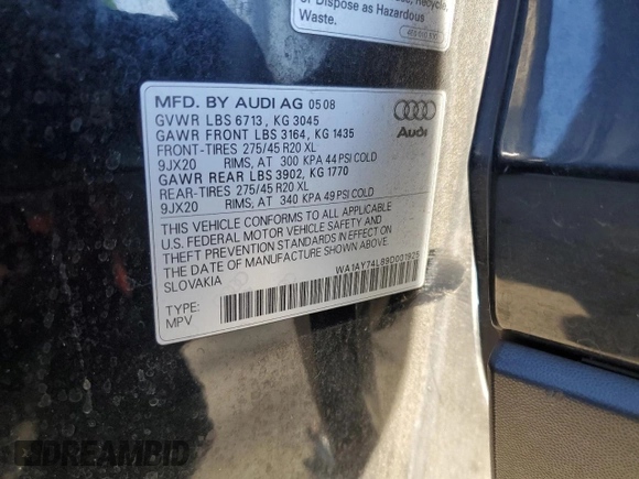 2009 Audi Q7 Premium Plus with VIN WA1AY74L89D001925, listed as a Copart auction lot 87180524 with 138,984 mi miles and Salvage title. Bid and sale history available at DreamBid. Image 15.