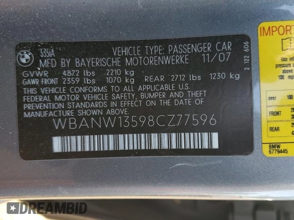 2008 BMW 5 Series 535i with VIN WBANW13598CZ77596, listed as a Copart auction lot 53101605 with 272,078 mi miles and Salvage Title. Bid and sale history available at carsss.com. Image 13.
