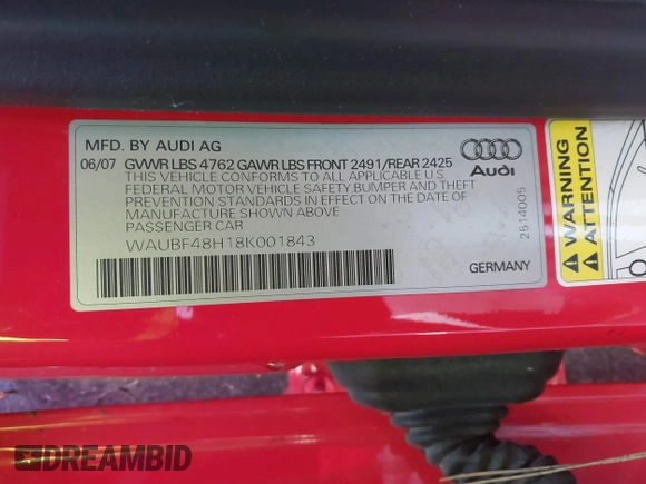 2008 Audi A4 с VIN WAUBF48H18K001843, выставлен на аукционе IAAI как лот 41518939 с пробегом 88 041 миль миль и . История ставок и продаж доступна на DreamBid. Изображение 9.