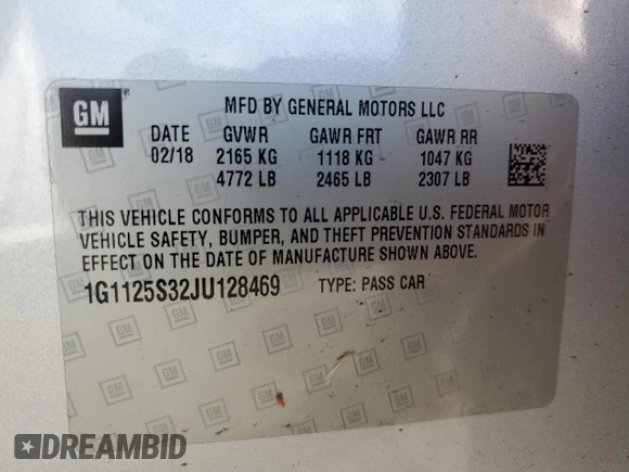 2018 Chevrolet Impala Premier with VIN 1G1125S32JU128469, listed as a Copart auction lot 56019745 with 147,866 mi miles and Salvage Title. Bid and sale history available at DreamBid. Image 12.