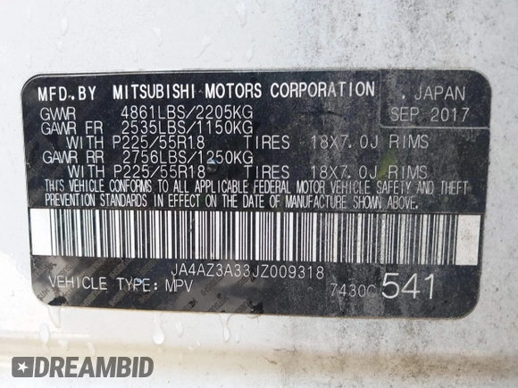 2018 Mitsubishi Outlander ES with VIN JA4AZ3A33JZ009318, listed as a IAAI auction lot 41007583 with 81,507 mi miles and . Bid and sale history available at DreamBid. Image 9.