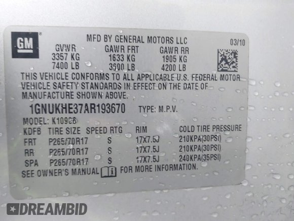2010 Chevrolet Suburban LS with VIN 1GNUKHE37AR193670, listed as a IAAI auction lot 41415863 with 213,371 mi miles and . Bid and sale history available at DreamBid. Image 9.