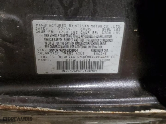 2015 Nissan Versa S Plus with VIN 3N1CN7AP0FL838904, listed as a Copart auction lot 44571925 with 0 mi miles and Clean Title. Bid and sale history available at carsss.com. Image 13.