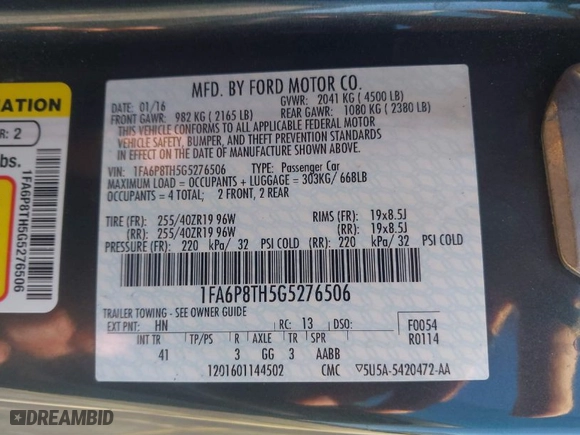 2016 Ford Mustang EcoBoost with VIN 1FA6P8TH5G5276506, listed as a IAAI auction lot 41721475 with NaN miles. Bid and sale history available at carsss.com. Image 9.