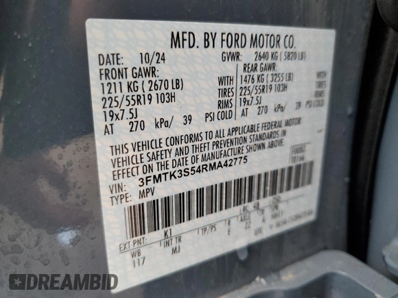 2024 Ford Mustang Mach-E Premium with VIN 3FMTK3S54RMA42775, listed as a Copart auction lot 53833685 with 3,194 mi miles and Non repairable. Bid and sale history available at DreamBid. Image 13.
