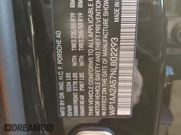 2022 Porsche Macan with VIN WP1AA2A57NLB02293, listed as a Copart auction lot 52231125 with 18,644 mi miles and Non repairable. Bid and sale history available at DreamBid. Image 14.