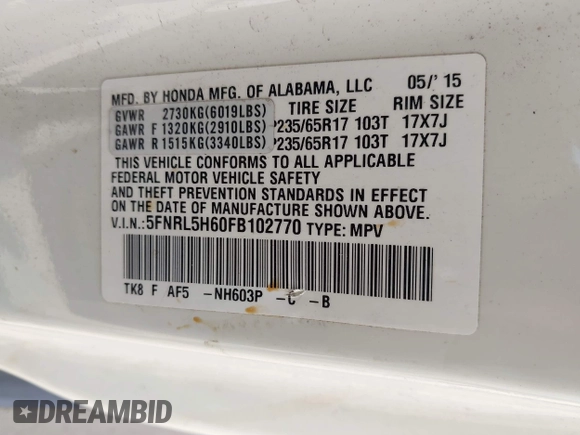 2015 Honda Odyssey EX-L z VIN 5FNRL5H60FB102770, wystawiony jako IAAI lot #42147486 z przebiegiem 160 958 mil mil oraz . Historia ofert i sprzedaży dostępna na DreamBid. Obrazek 9.