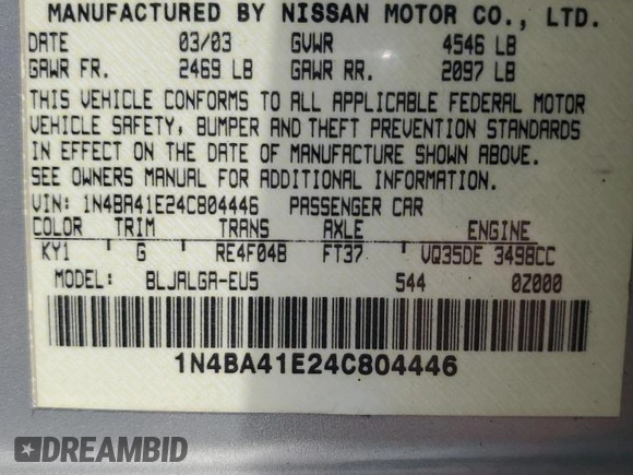 2004 Nissan Maxima SE with VIN 1N4BA41E24C804446, listed as a Copart auction lot 54878575 with 88,852 mi miles and Clean Title. Bid and sale history available at carsss.com. Image 12.