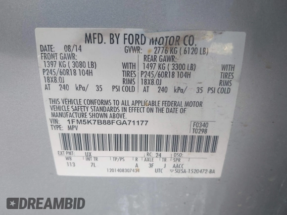 2015 Ford Explorer with VIN 1FM5K7B88FGA71177, listed as a IAAI auction lot 41867976 with 157,184 mi miles and . Bid and sale history available at carsss.com. Image 9.