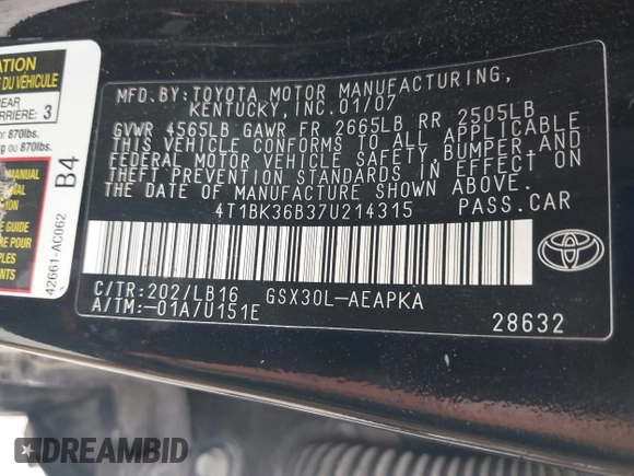 2007 Toyota Avalon XL with VIN 4T1BK36B37U214315, listed as a IAAI auction lot 41938884 with 280,051 mi miles and . Bid and sale history available at DreamBid. Image 9.