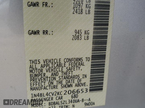 2019 Nissan Altima SR with VIN 1N4BL4CV2KC206653, listed as a Copart auction lot 56016814 with Not Provided miles and Salvage Title. Bid and sale history available at carsss.com. Image 12.