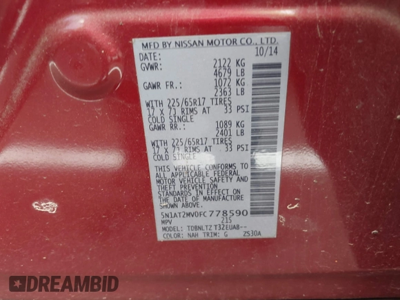 2015 Nissan Rogue SL with VIN 5N1AT2MV0FC778590, listed as a IAAI auction lot 42059832 with 197,167 mi miles and . Bid and sale history available at carsss.com. Image 9.