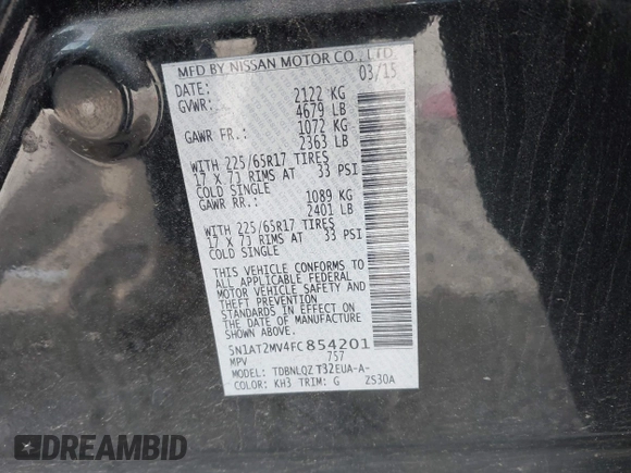 2015 Nissan Rogue SL with VIN 5N1AT2MV4FC854201, listed as a IAAI auction lot 42127639 with 146,760 mi miles and . Bid and sale history available at carsss.com. Image 9.
