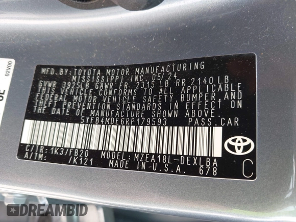 2024 Toyota Corolla LE with VIN 5YFB4MDE6RP179593, listed as a IAAI auction lot 42125565 with 25,856 mi miles. Bid and sale history available at carsss.com. Image 9.