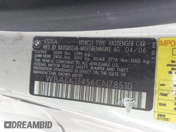 2006 BMW 6 Series 650Ci with VIN WBAEK13456CN78510, listed as a IAAI auction lot 42129703 with 131,096 mi miles and . Bid and sale history available at DreamBid. Image 9.