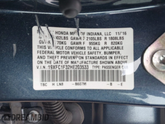 2017 Honda Civic Sedan EX-T with VIN 19XFC1F32HE203533, listed as a IAAI auction lot 41685972 with 93,985 mi miles. Bid and sale history available at carsss.com. Image 9.
