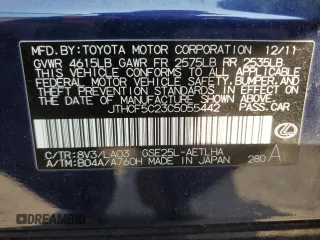 2012 Lexus IS 250 with VIN JTHCF5C23C5055442, listed as a Copart auction lot 58439585 with 104,121 mi miles and Salvage title. Bid and sale history available at DreamBid. Image 12.